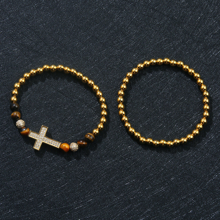 Cross Zircon Beaded Stretch Bracelet Set for Men