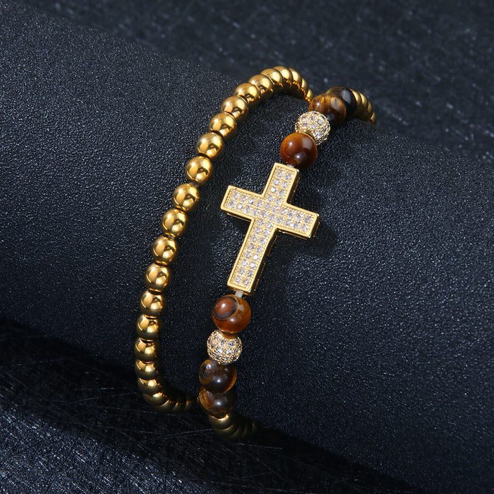 Cross Zircon Beaded Stretch Bracelet Set for Men