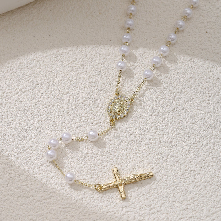 Pearl Madonna Cross Pendant Necklace
