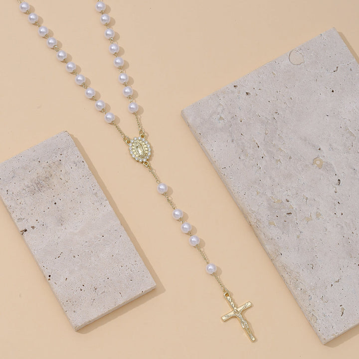 Pearl Madonna Cross Pendant Necklace