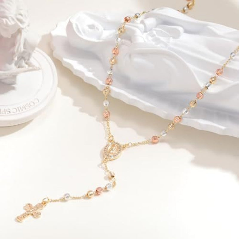 Gold Virgin Mary Rosary Cross Necklace