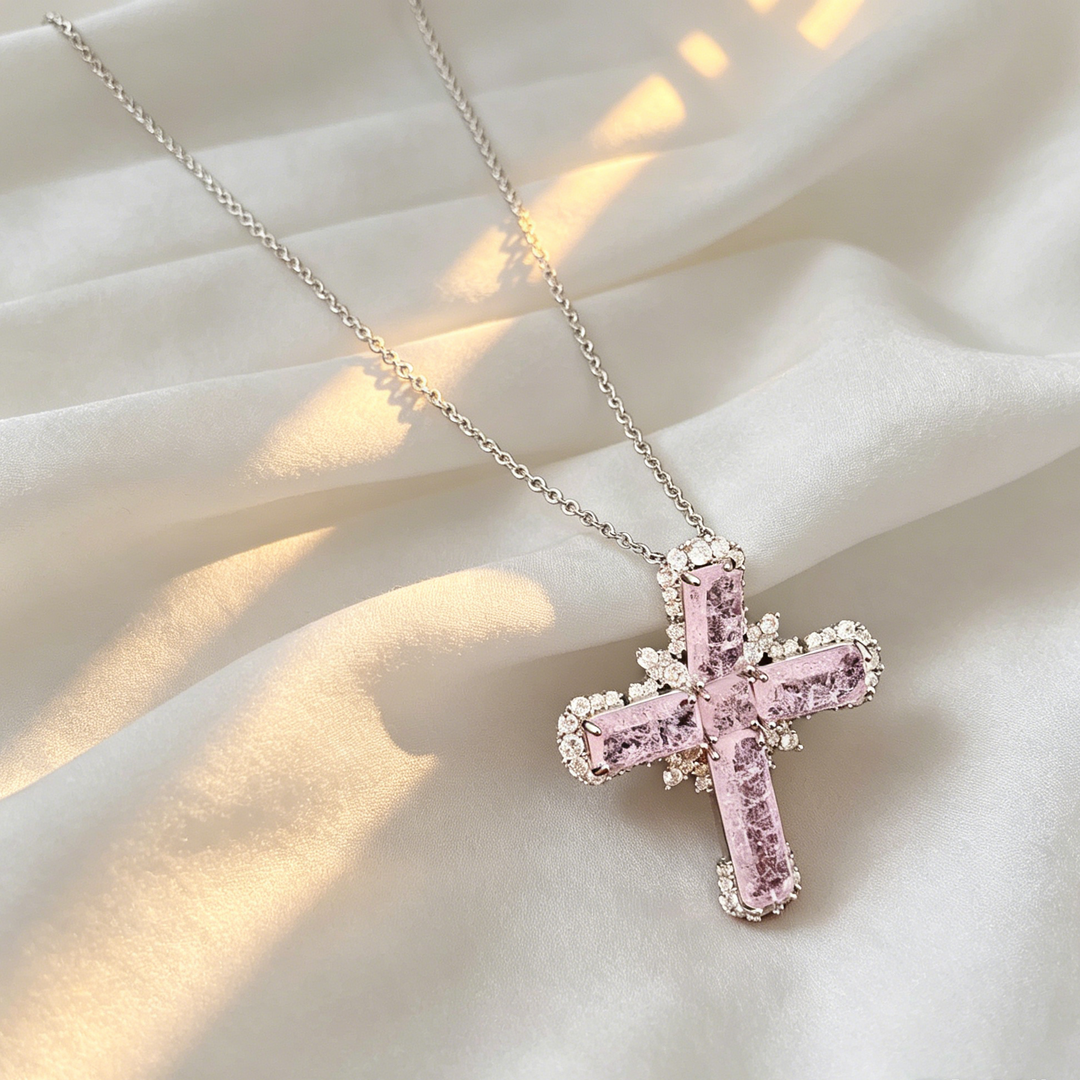 Pink Zircon Cross Pendant Necklace