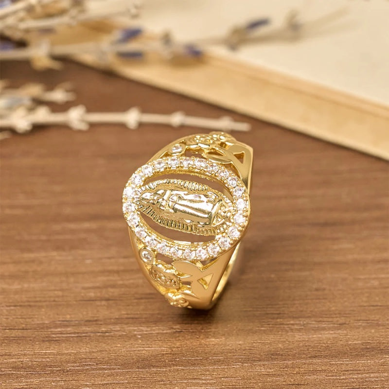 Virgin Mary Zircon Ring Floral Design