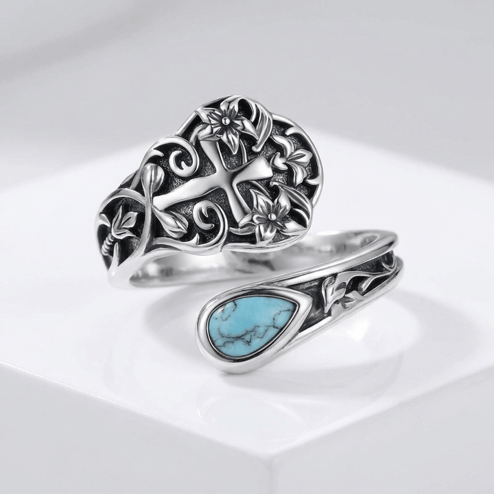 TURQUOISE GRACE CROSS FLORAL RING - (ADJUSTABLE)