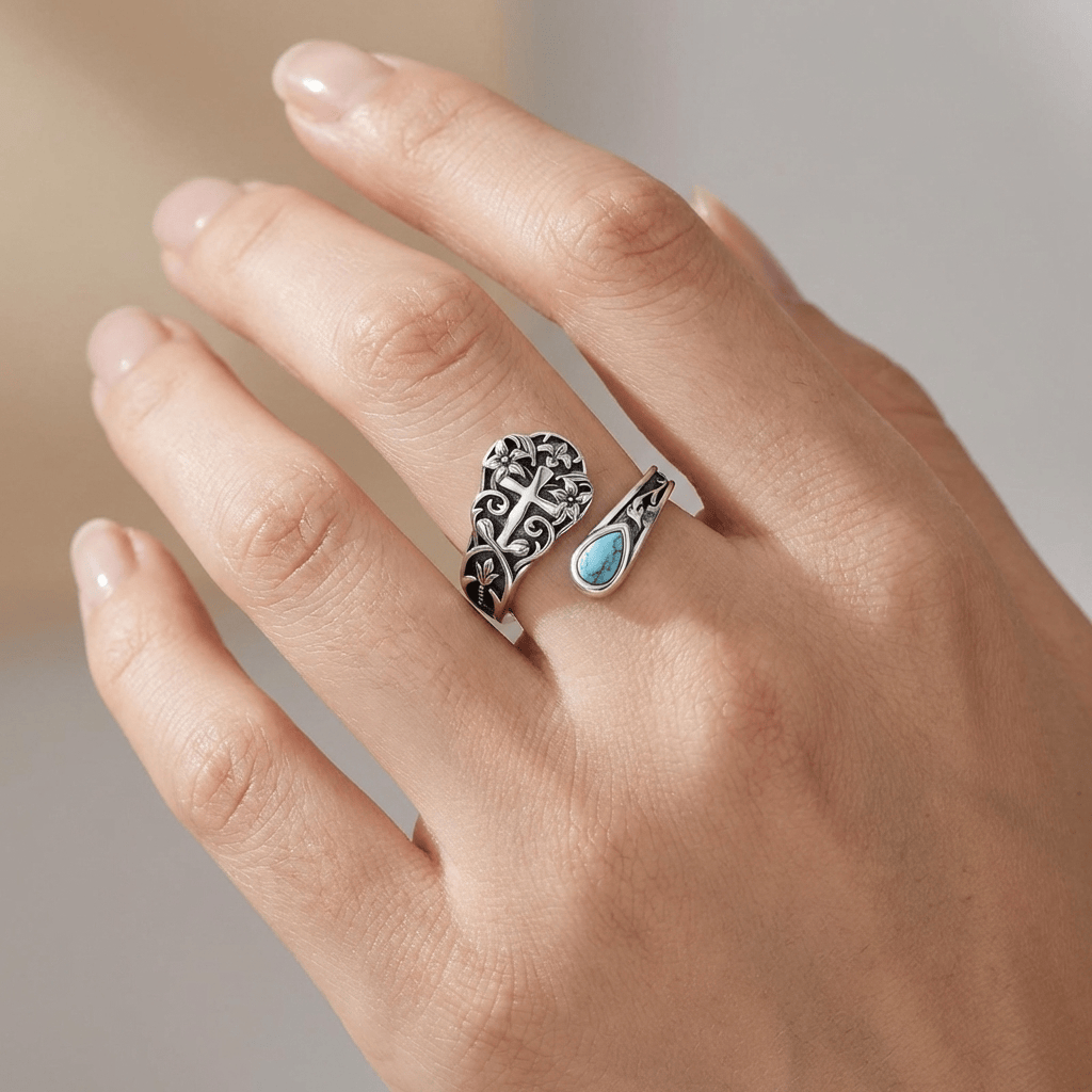 TURQUOISE GRACE CROSS FLORAL RING - (ADJUSTABLE)