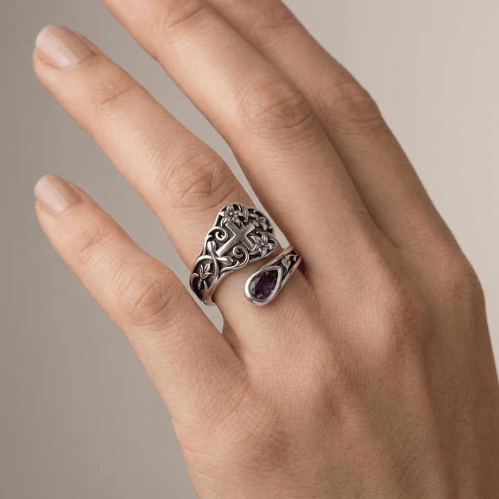 PURPLE GRACE CROSS FLORAL RING - (ADJUSTABLE)