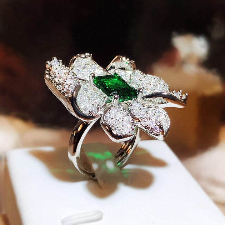 Emerald Flower Ring - (Adjustable)