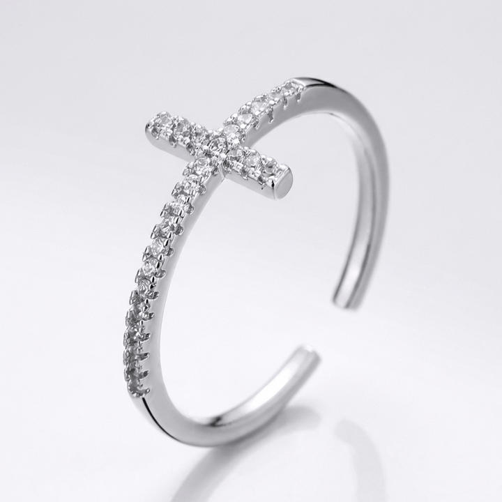 BLESSED SHINE CROSS SILVER RING - (ADJUSTABLE)