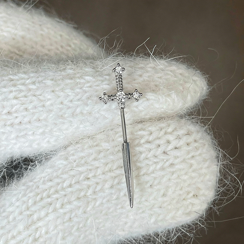 Sword Cross Zircon Thin Bar Cartilage Stud Earrings