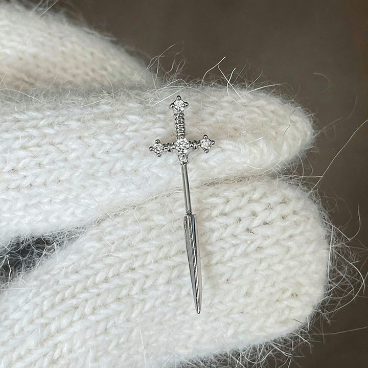 Sword Cross Zircon Thin Bar Cartilage Stud Earrings