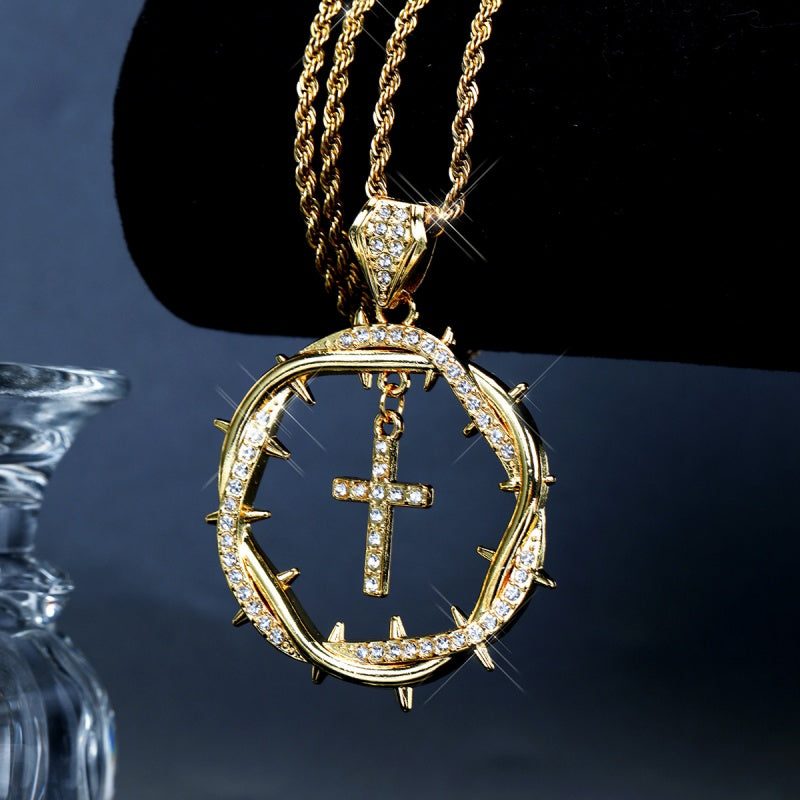 Gold Thorn Cross Pendant Necklace Chain