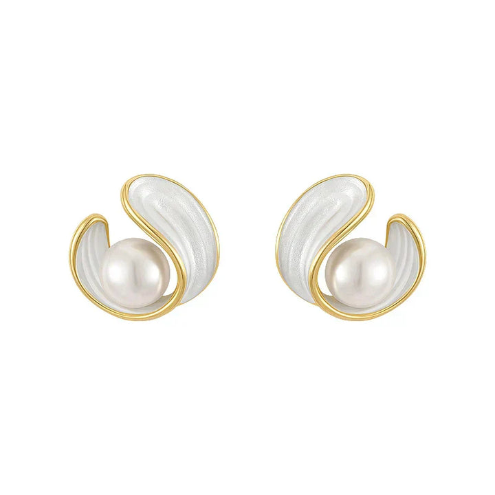 Gold Swirl Pearl Stud Earrings