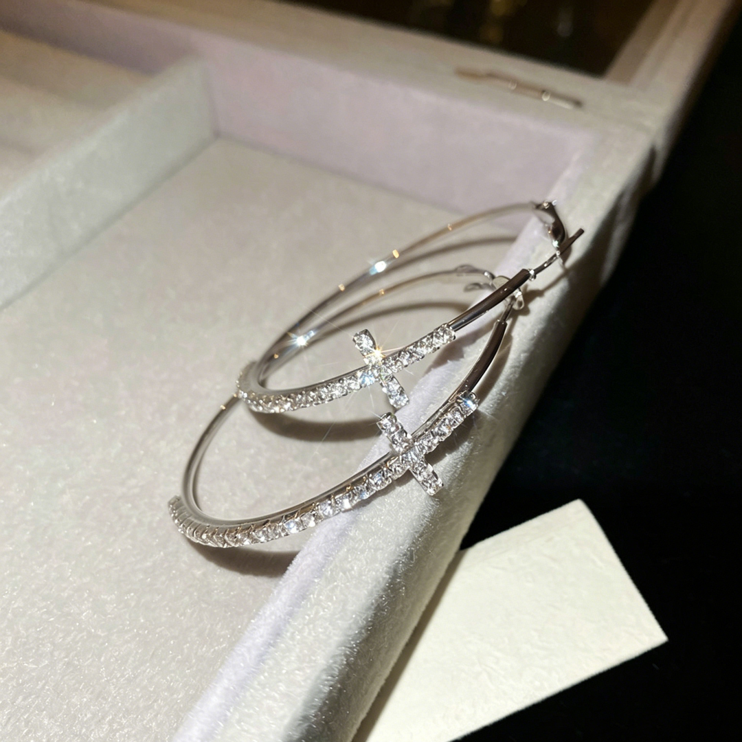 Cross Zircon Inlaid Hoop Earrings for Women
