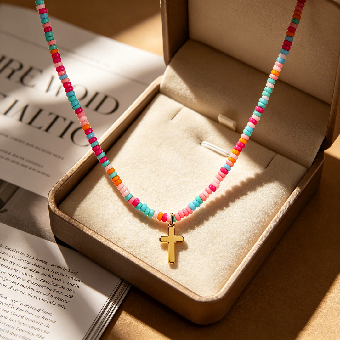 Colorful Beaded Cross Pendant Necklace