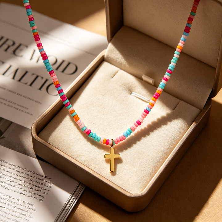 Colorful Beaded Cross Pendant Necklace