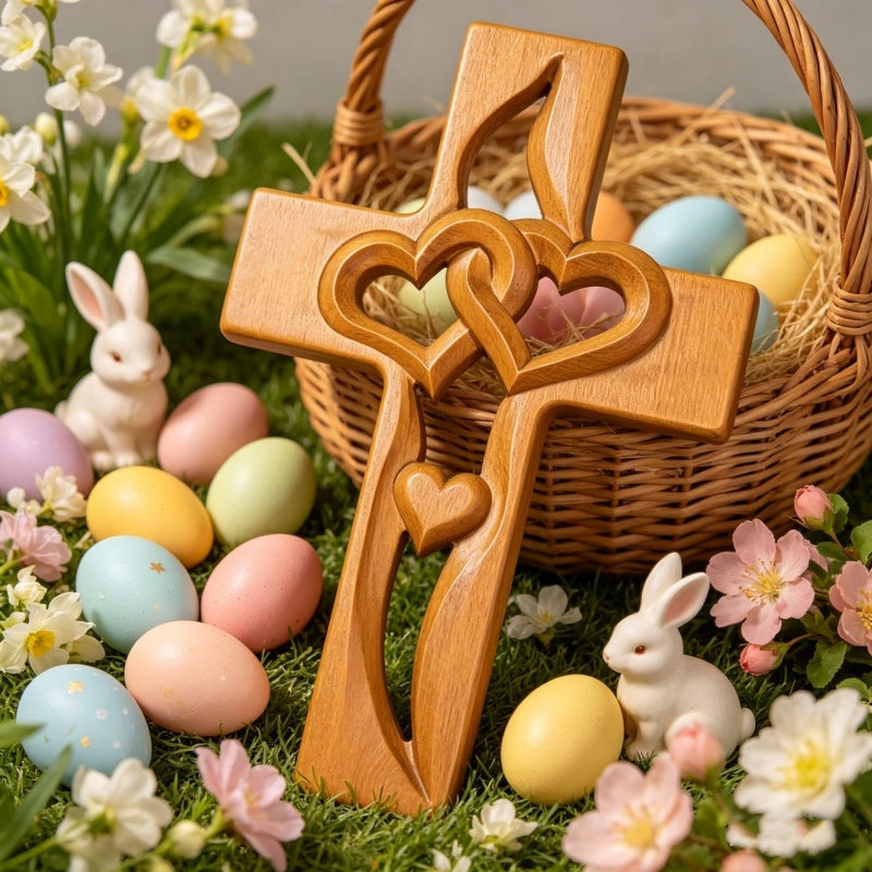 Wooden Cross Intertwined Hearts Decor