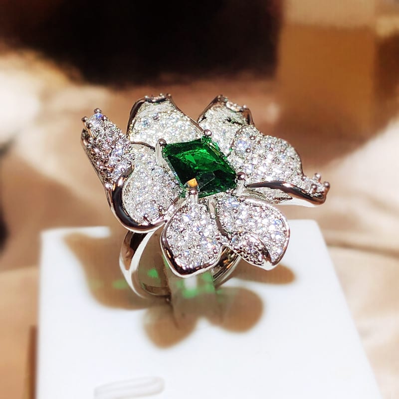 Emerald Flower Ring - (Adjustable)