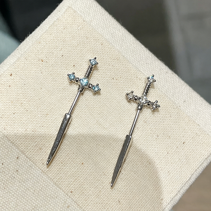 Sword Cross Zircon Thin Bar Cartilage Stud Earrings