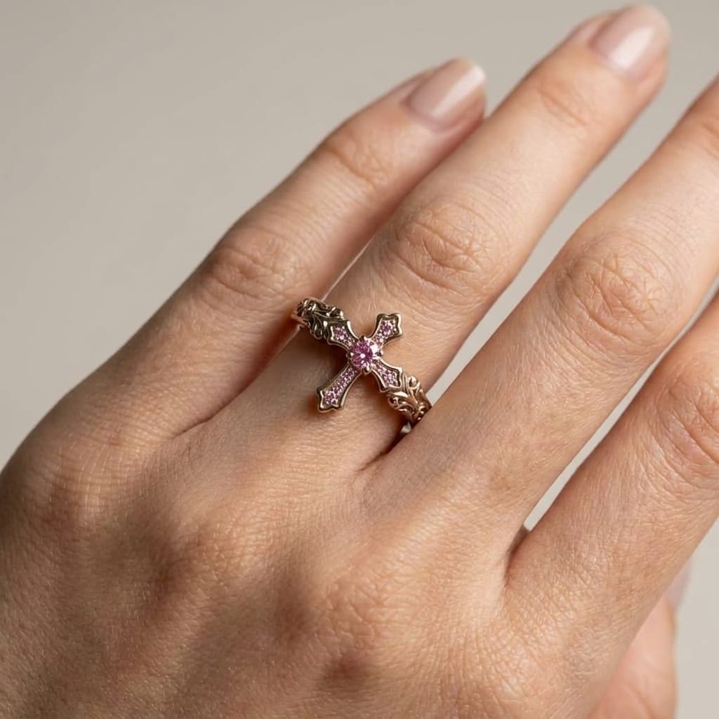 PINK CROSS FLORAL RING