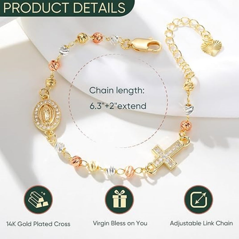 Gold Rosary Bead Cross Bracelet for Women