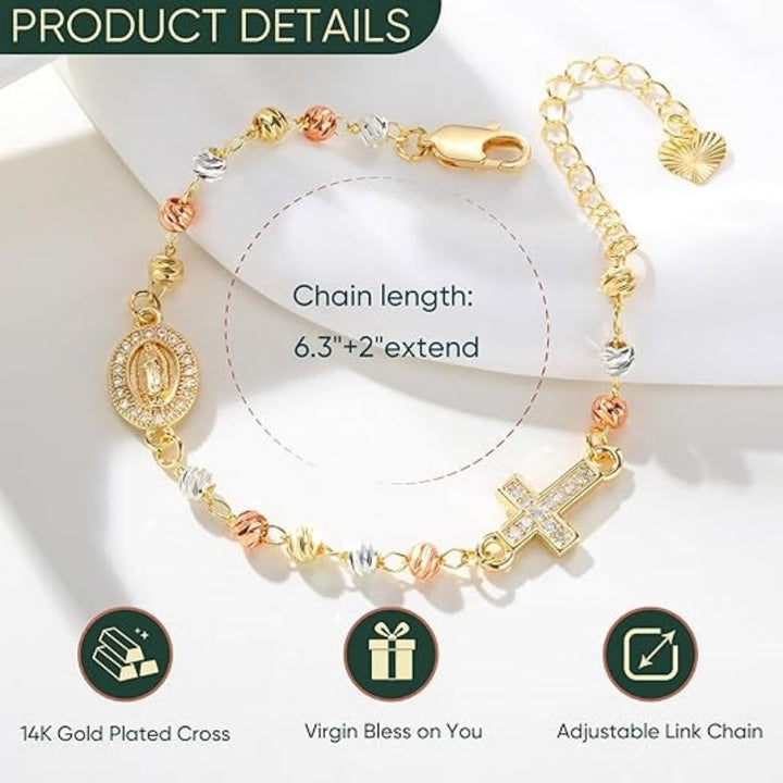Gold Rosary Bead Cross Bracelet for Women