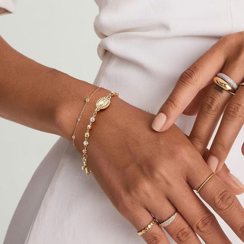 Gold Rosary Bead Cross Bracelet for Women
