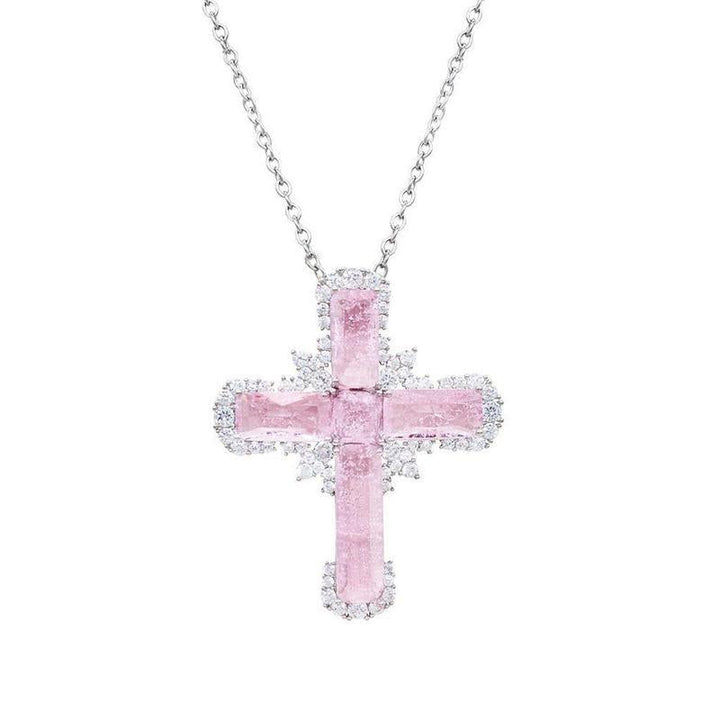 Pink Zircon Cross Pendant Necklace