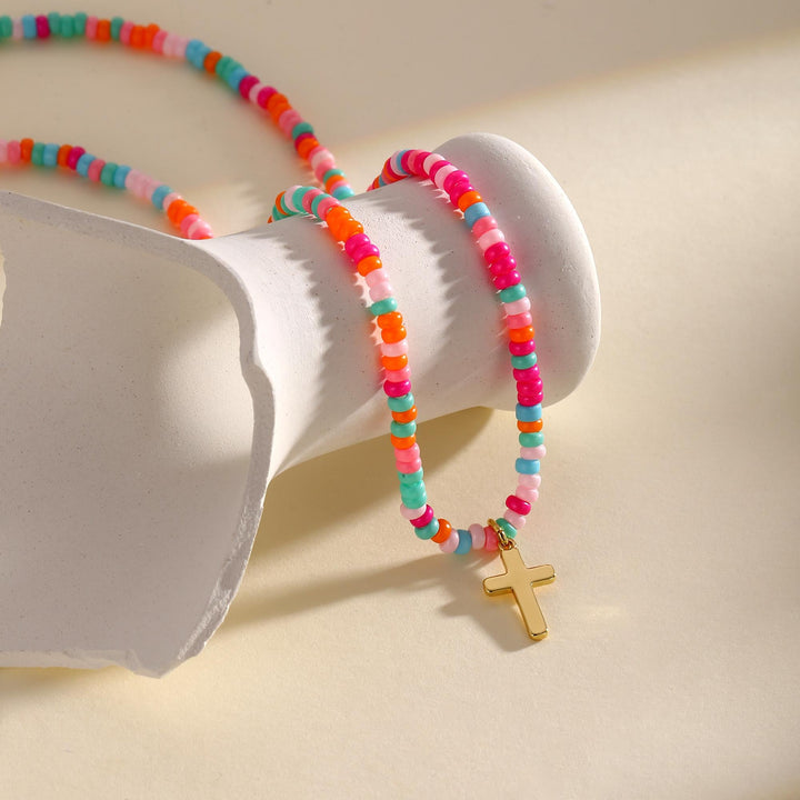 Colorful Beaded Cross Pendant Necklace