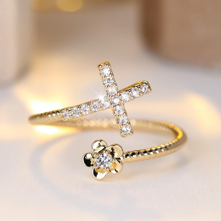 Cross and Flower Zircon Adjustable Open Ring