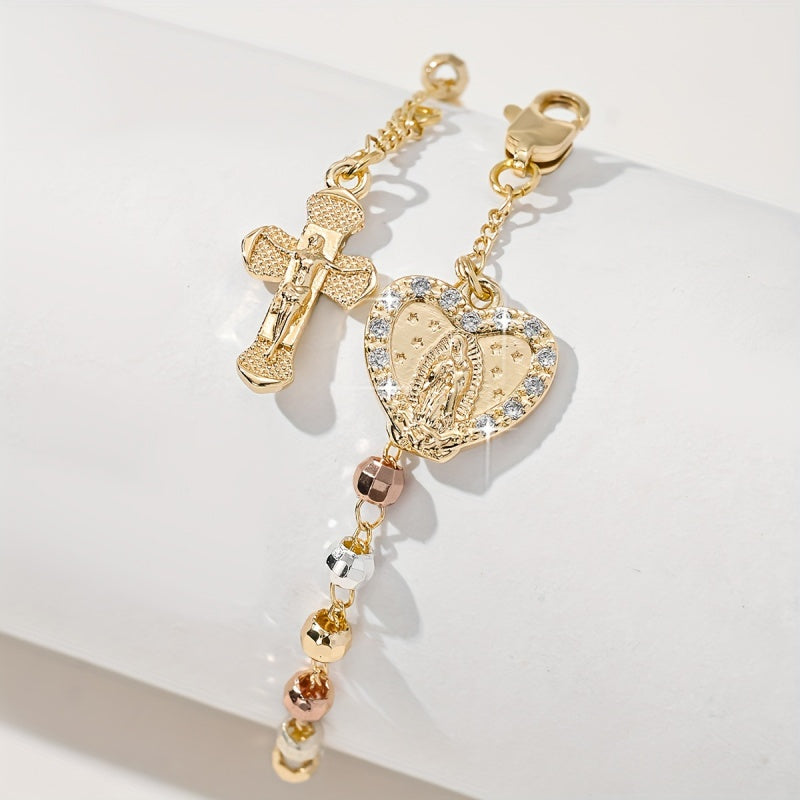 Gold Cross Heart Bracelet Tricolor Beads