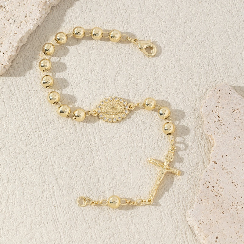 Gold Rosary Cross Bracelet CZ Detail