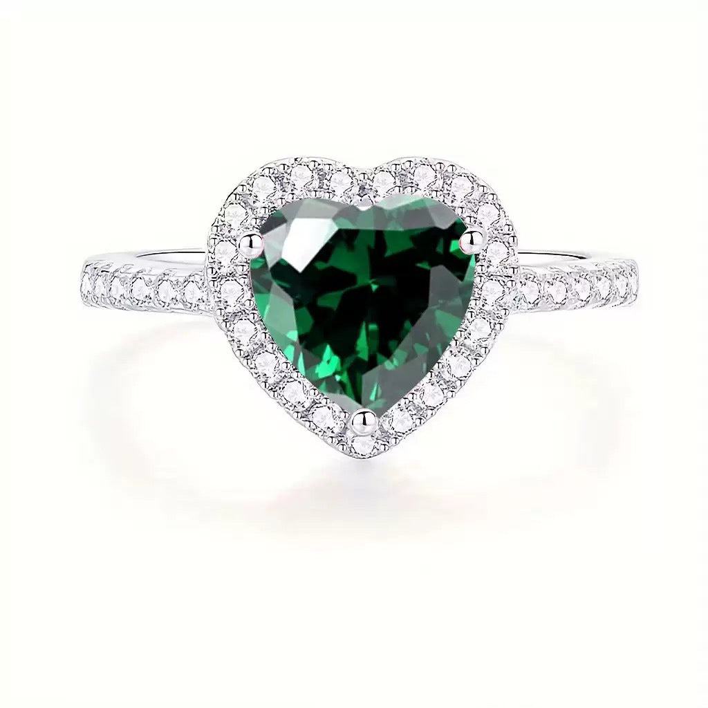 Silver Emerald Heart Halo Ring - ( Adjustable )