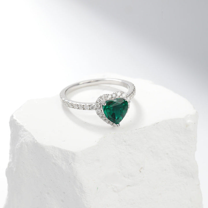 Silver Emerald Heart Halo Ring - ( Adjustable )