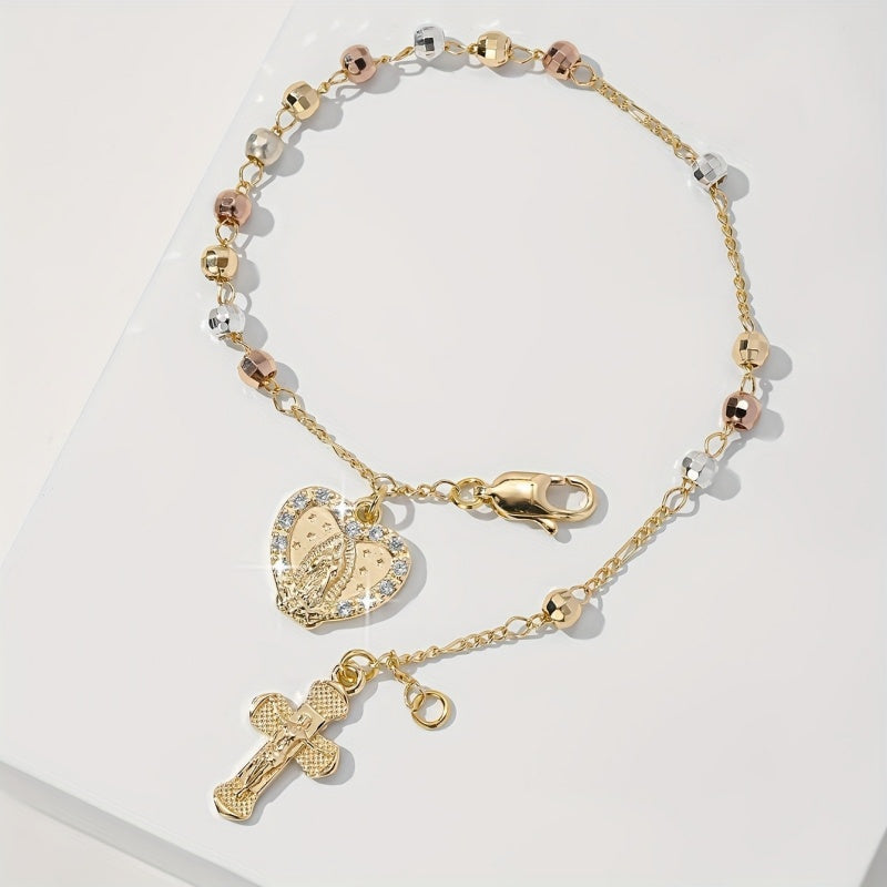 Gold Cross Heart Bracelet Tricolor Beads