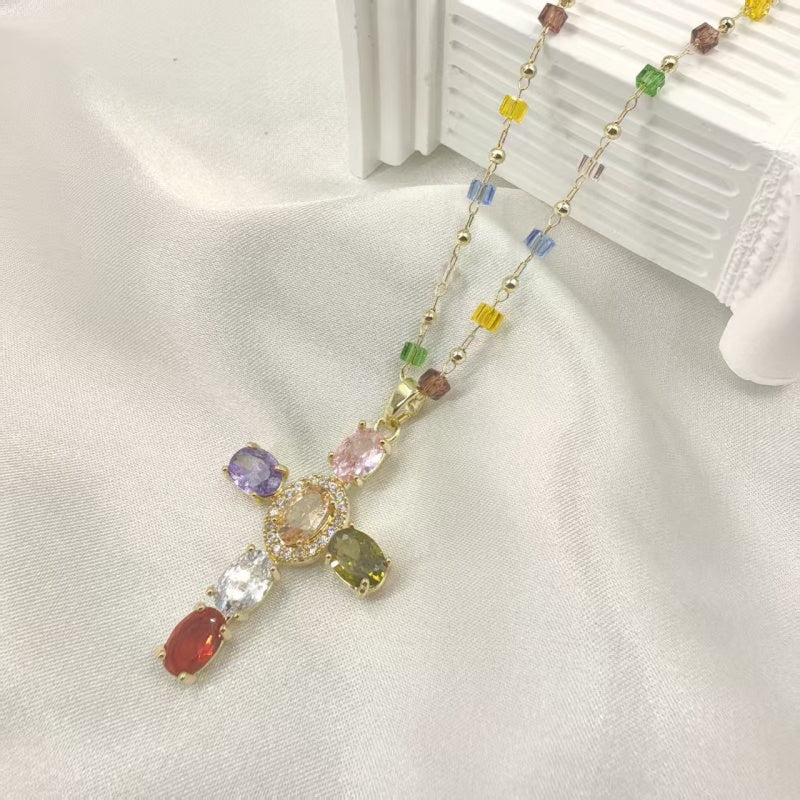 Multicolor Rosary Bead Cross Necklace