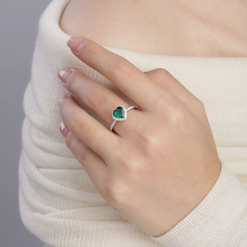 Silver Emerald Heart Halo Ring - ( Adjustable )
