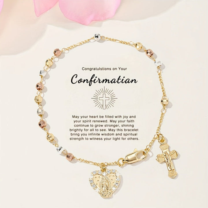 Gold Cross Heart Bracelet Tricolor Beads