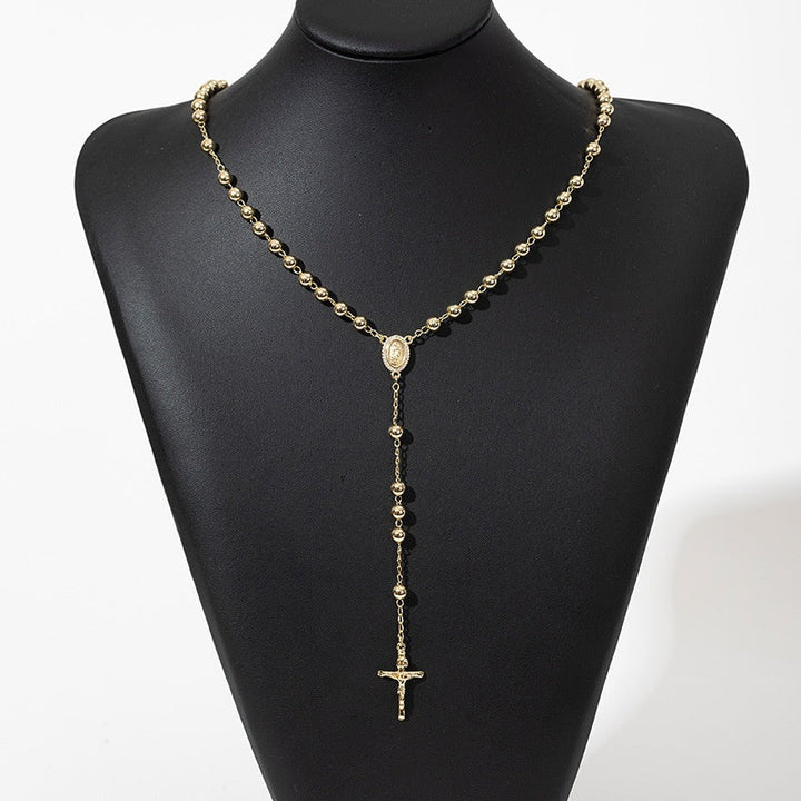 Gold Rosary Virgin Mary Cross Necklace