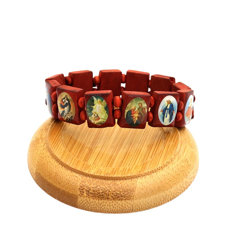 Religious Saint Medals Wooden Bezel Bracelet