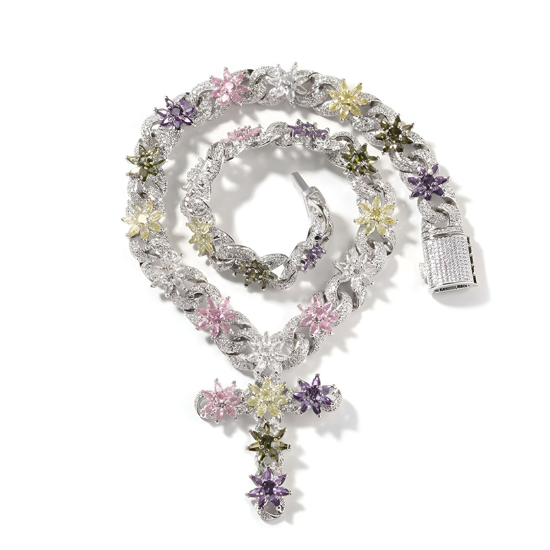 Colorful Zircon Floral Cross Necklace