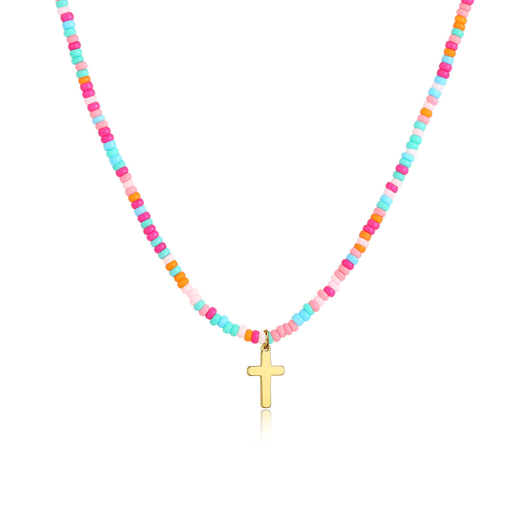 Colorful Beaded Cross Pendant Necklace