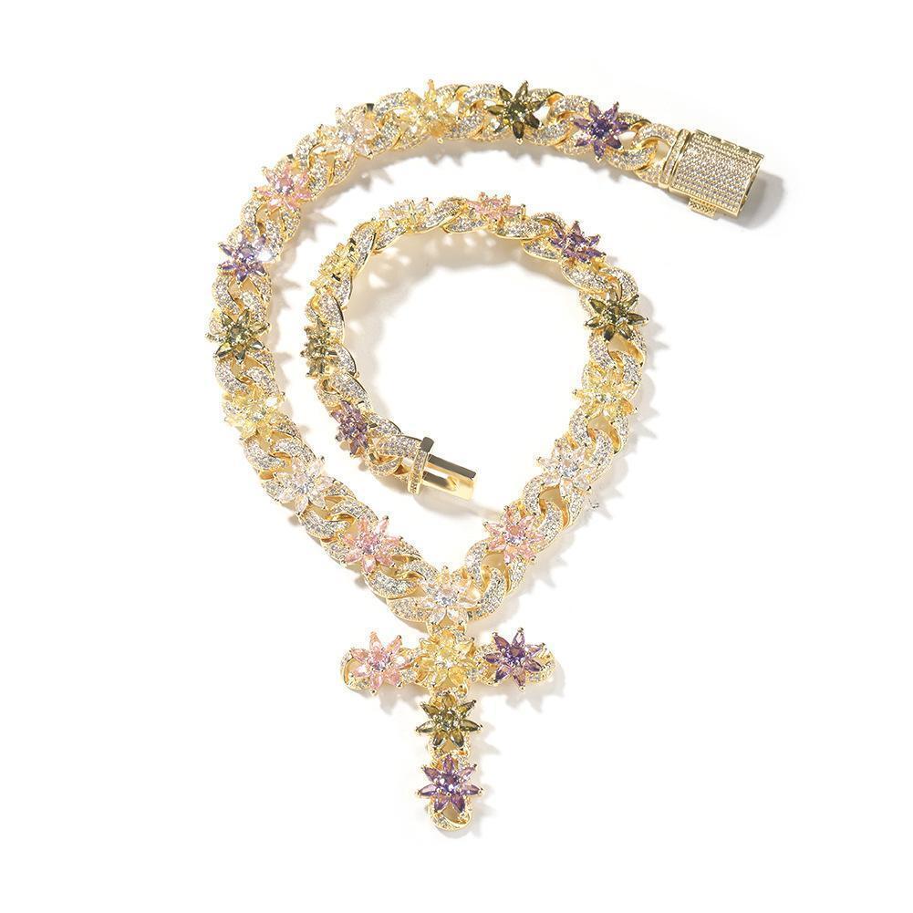 Colorful Zircon Floral Cross Necklace