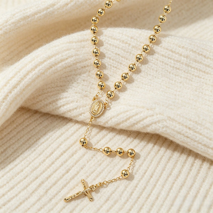 Gold Rosary Virgin Mary Cross Necklace