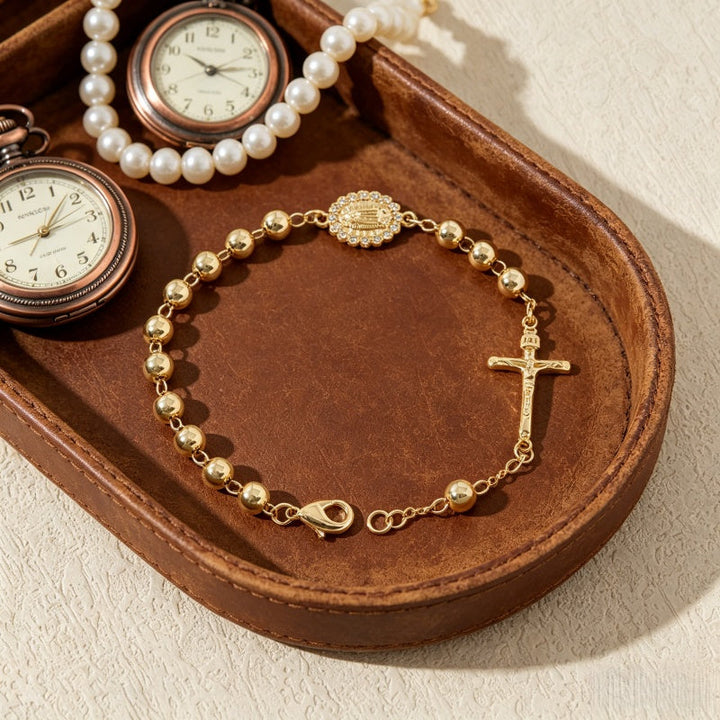 Gold Rosary Cross Bracelet CZ Detail