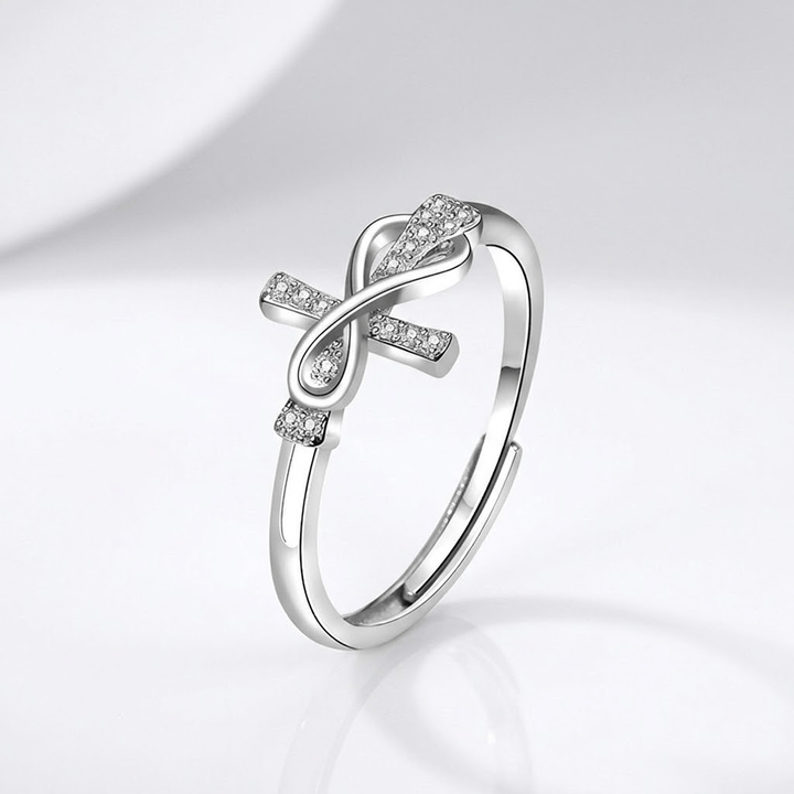 TIE & CROSS SILVER RING WITH ZIRCONS - (ADJUSTABLE)