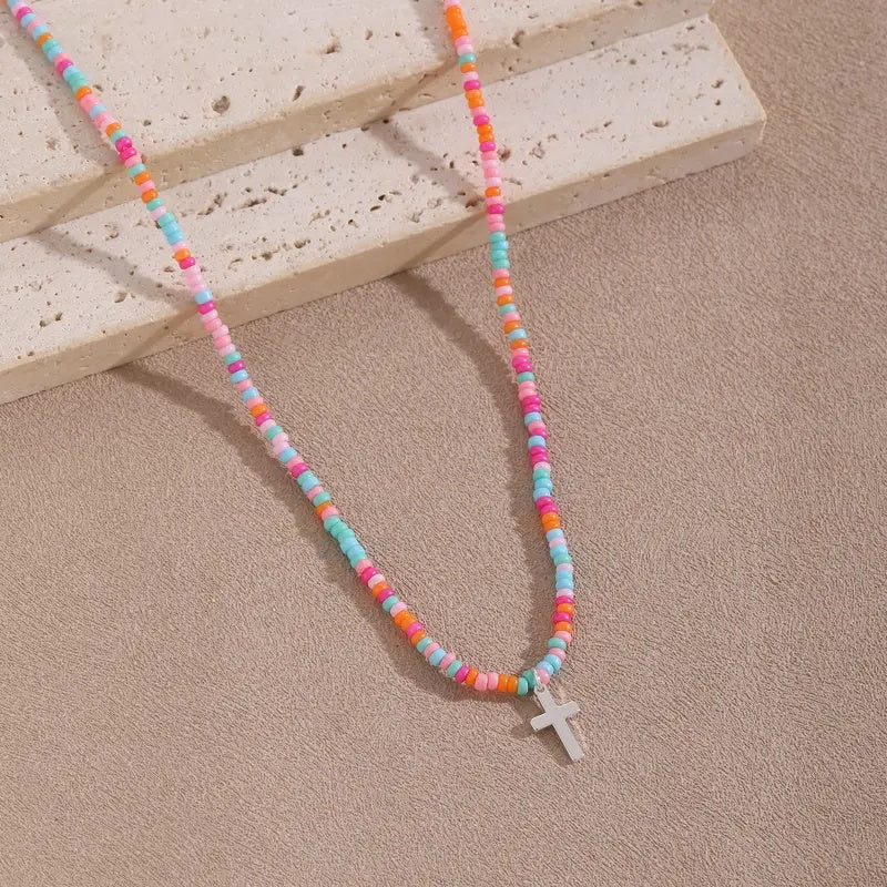 Colorful Beaded Cross Pendant Necklace
