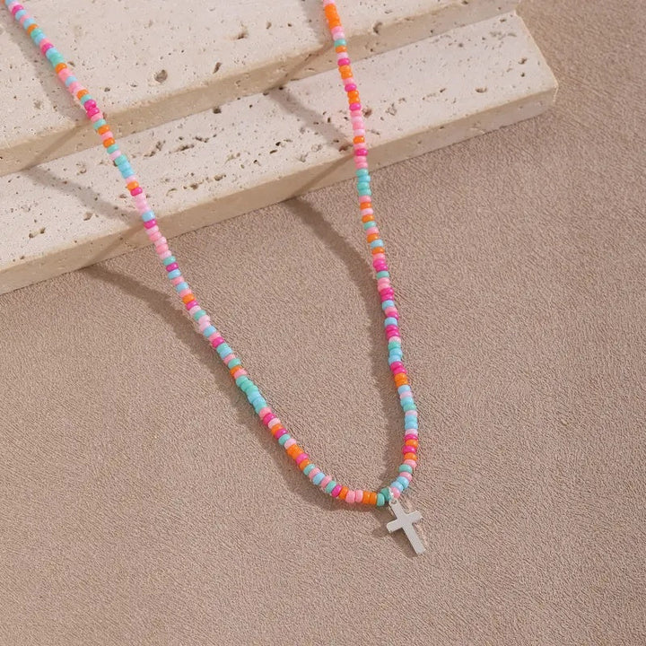 Colorful Beaded Cross Pendant Necklace