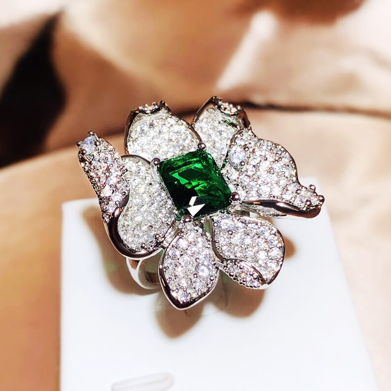 Emerald Flower Ring - (Adjustable)