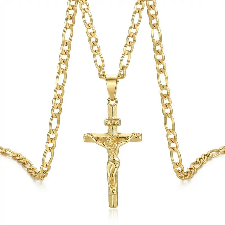 Gold Crucifix Necklace Figaro Chain