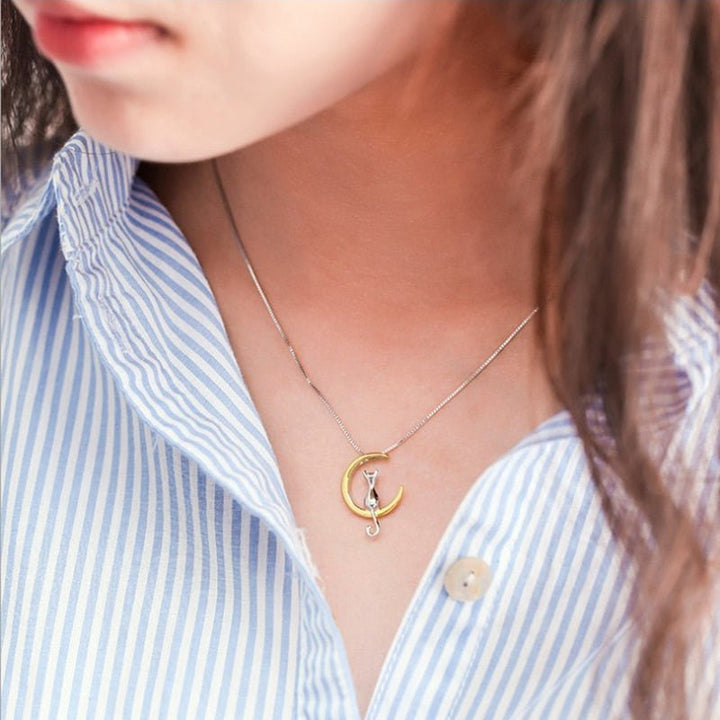 Crescent and Cat Elegant Cat Necklace